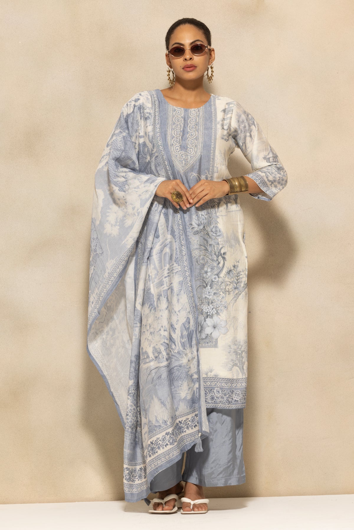 Cream Printed Kurta 3 Pcs Set