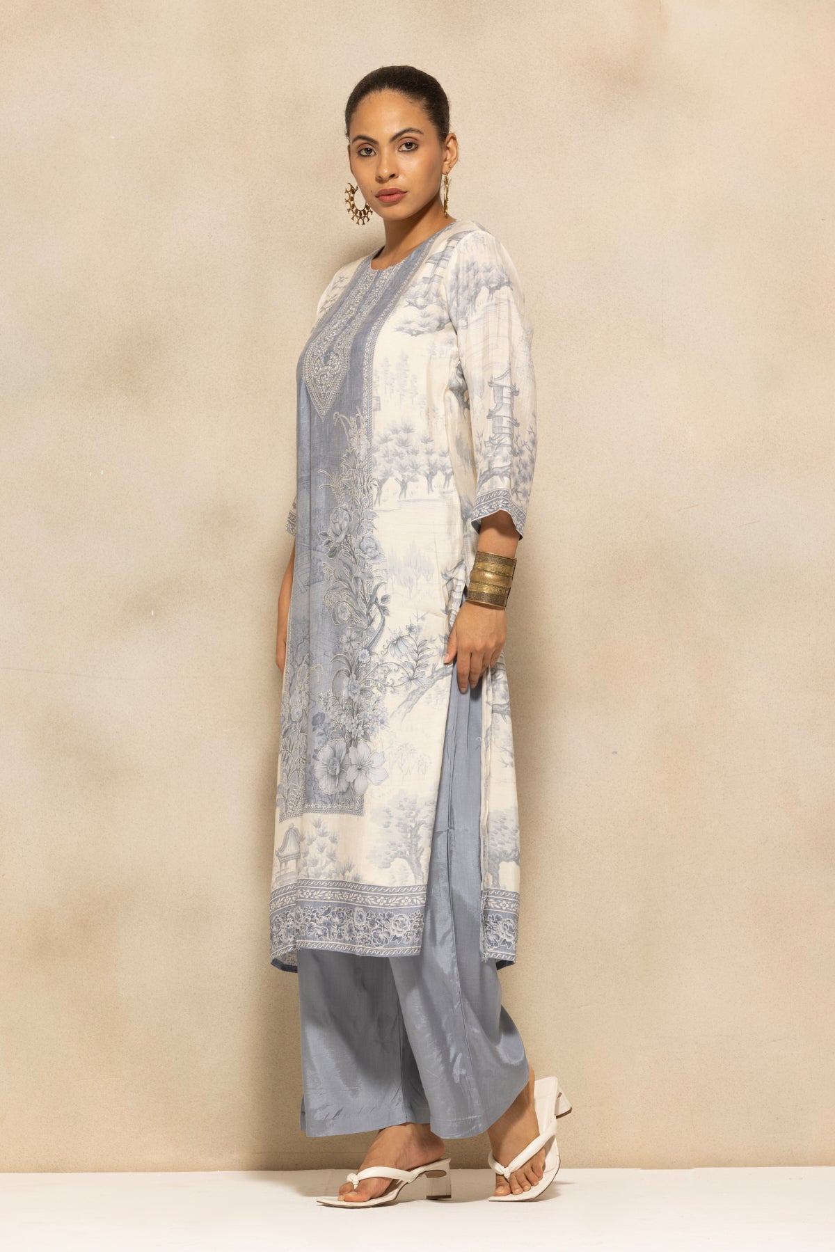Cream Printed Kurta 3 Pcs Set