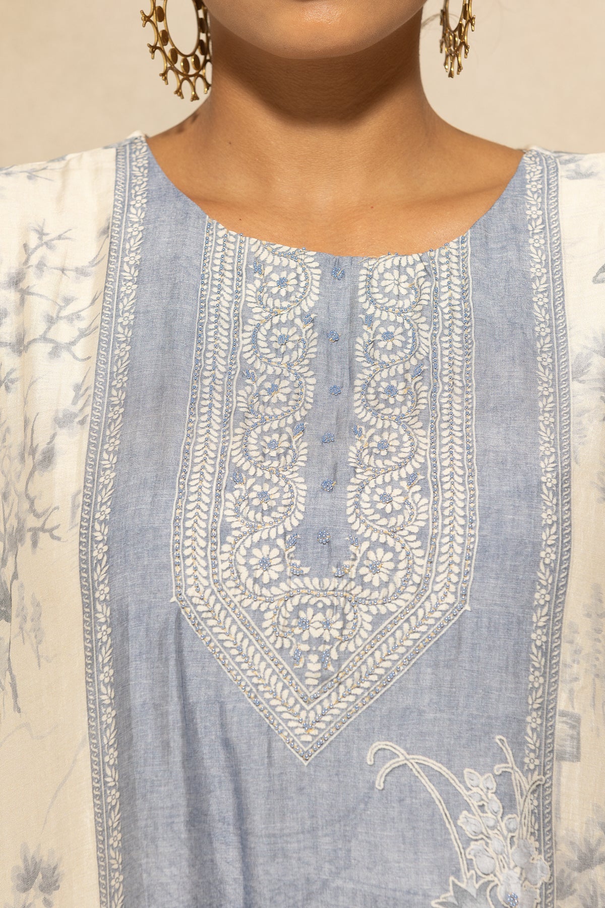 Cream Printed Kurta 3 Pcs Set