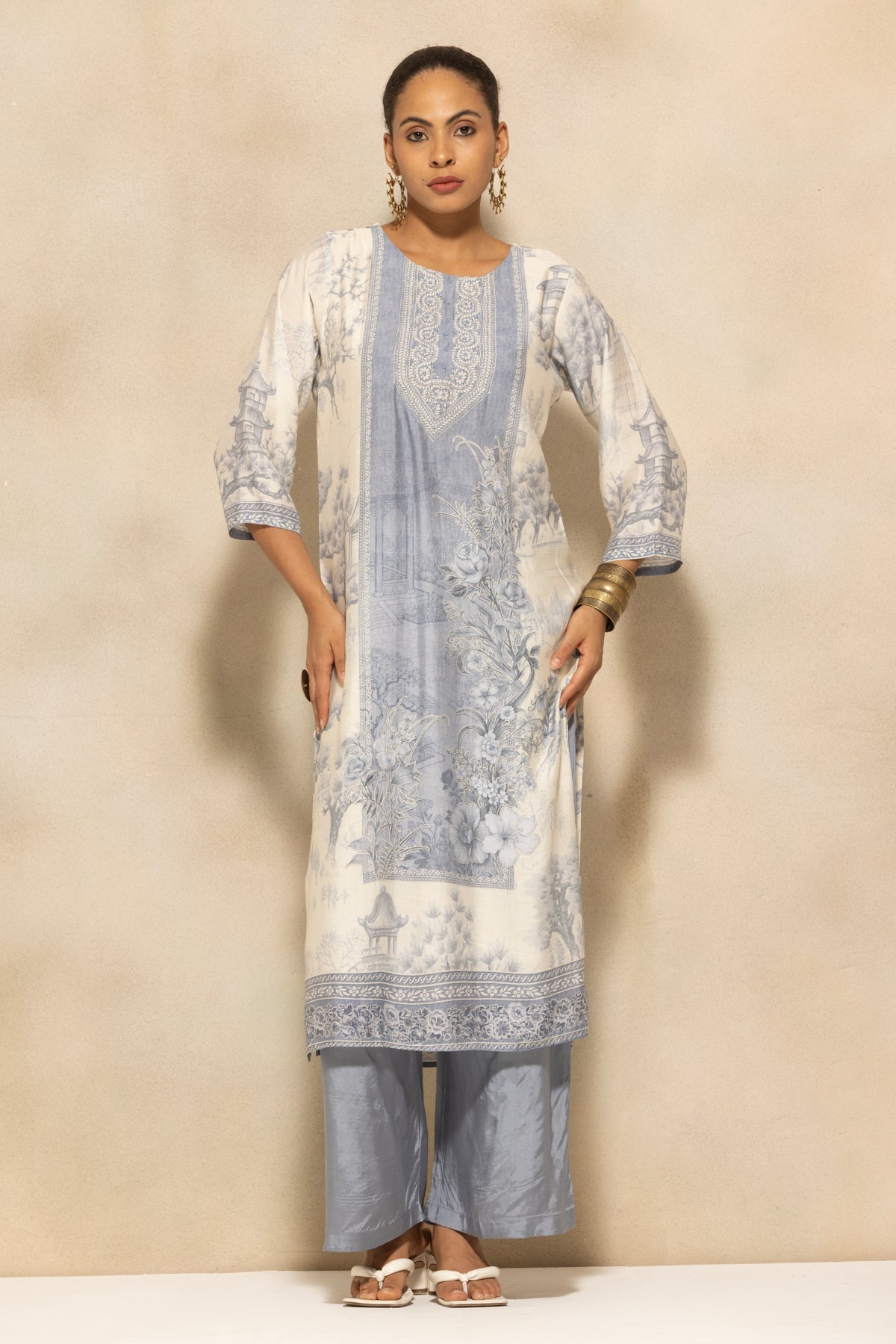 Cream Printed Kurta 3 Pcs Set
