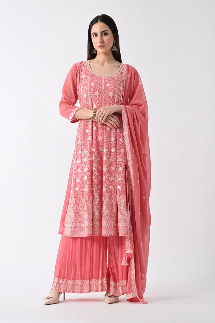 Peach Embroidered Kurta Set (3 Piece)