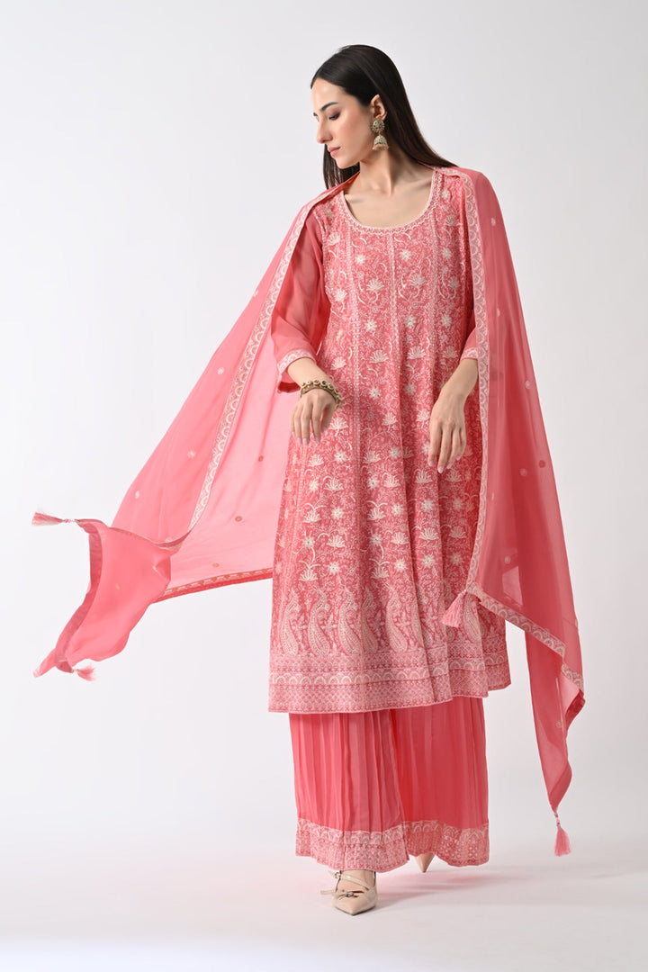 Peach Embroidered Kurta Set (3 Piece)