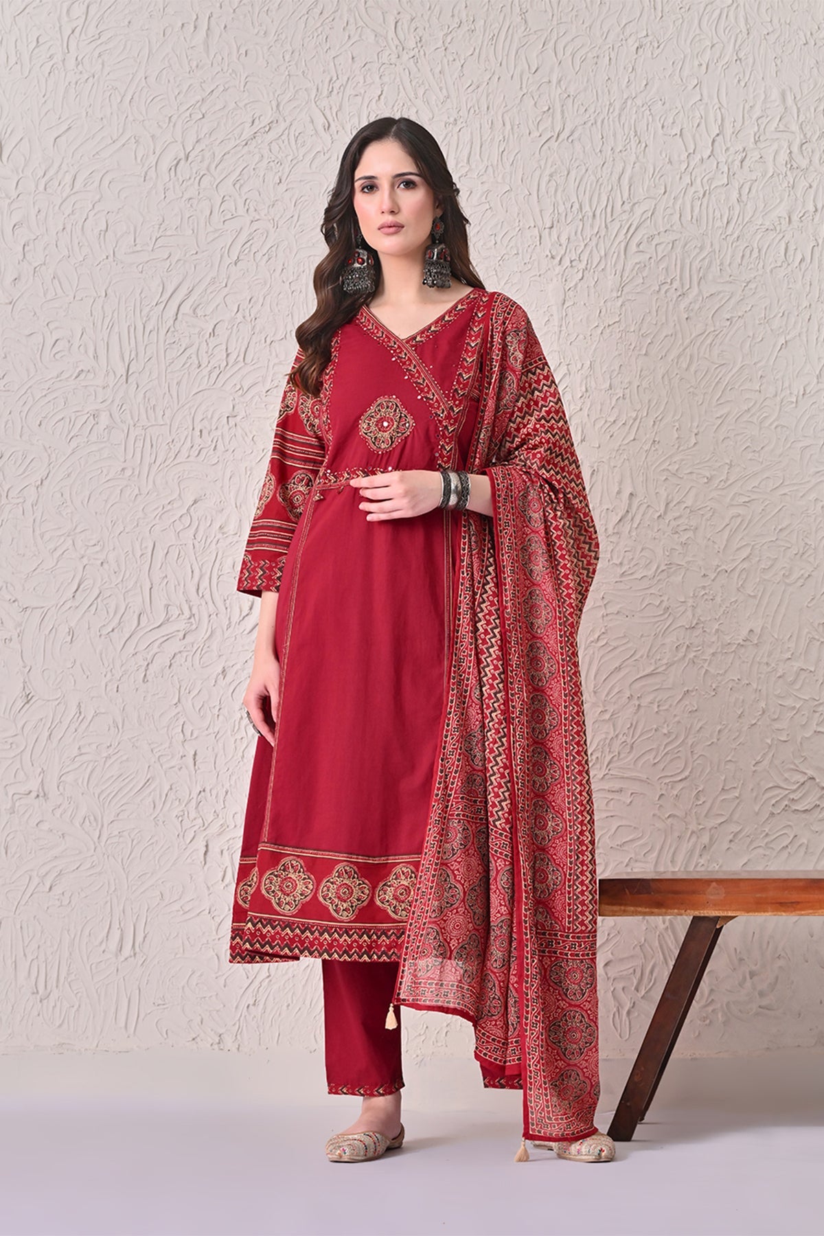 Maroon Self-Design Flared Kurta 3 Pcs Set