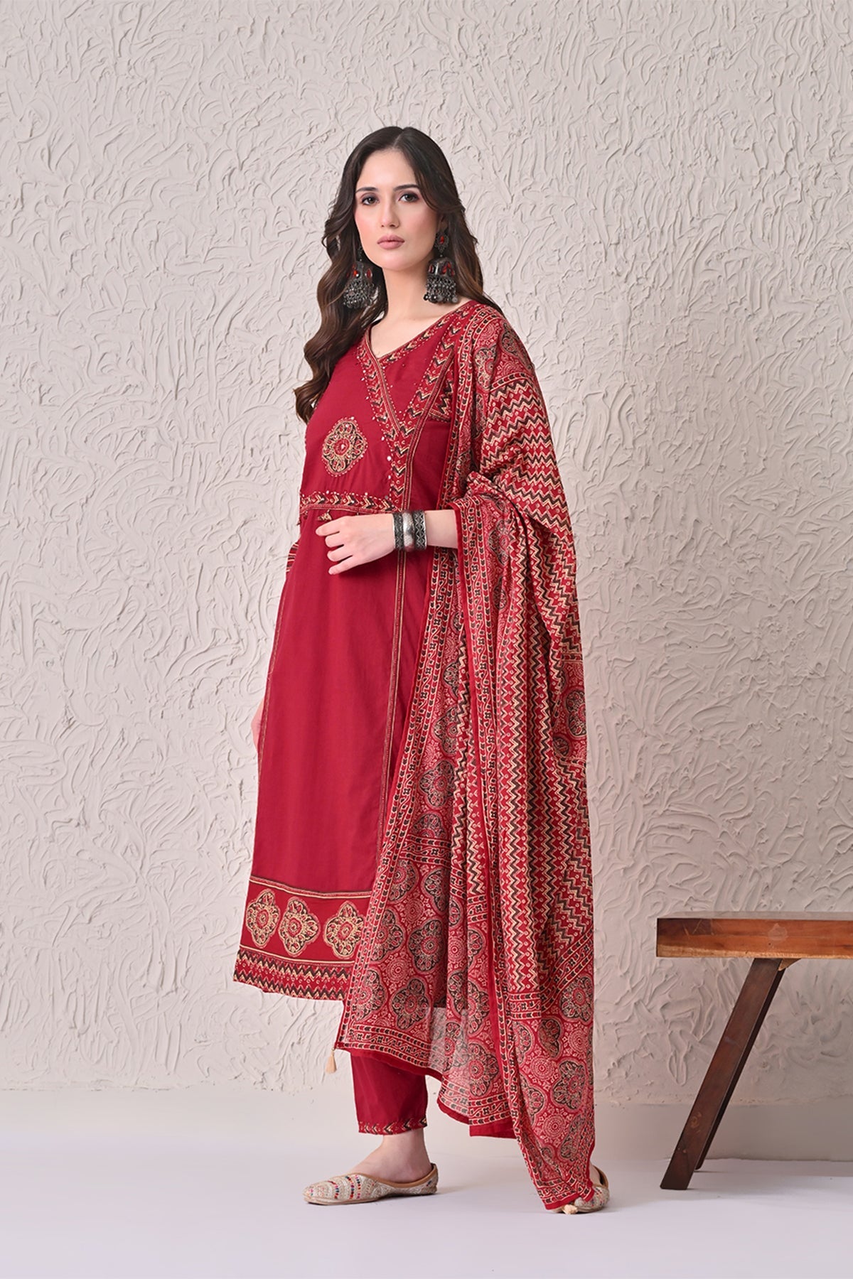 Maroon Self-Design Flared Kurta 3 Pcs Set