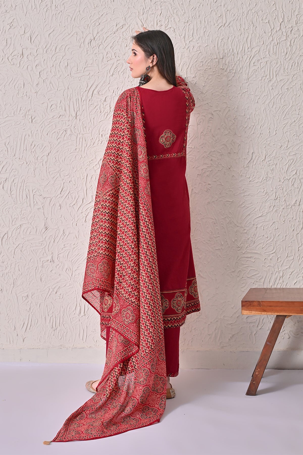 Maroon Self-Design Flared Kurta 3 Pcs Set