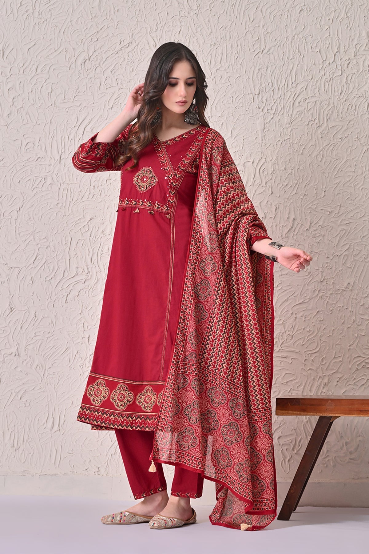 Maroon Self-Design Flared Kurta 3 Pcs Set