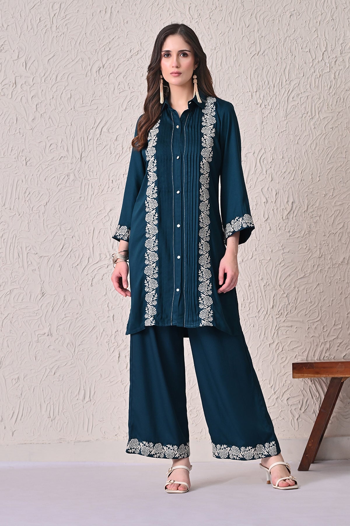 Teal Self-Design Kurta 2 Pcs Set