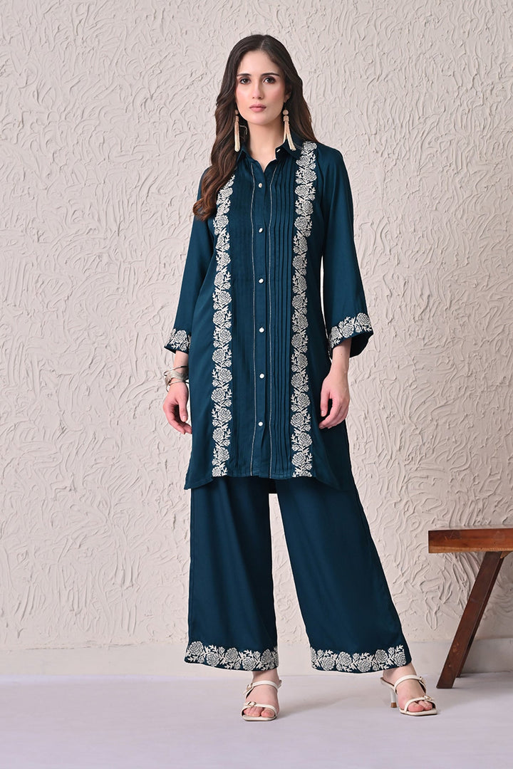 Teal Self-Design Kurta 2 Pcs Set