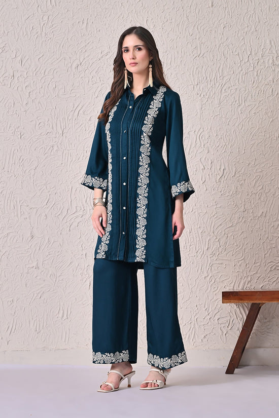 Teal Self-Design Kurta 2 Pcs Set