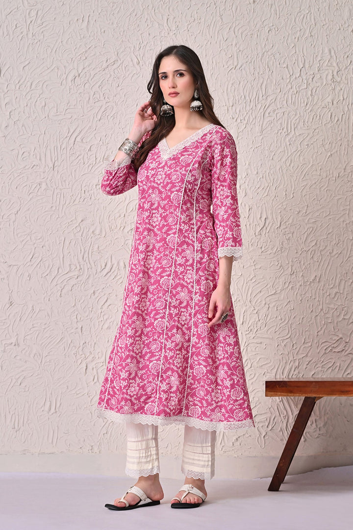 Pink Printed A-line Kurta 2 Pcs Set
