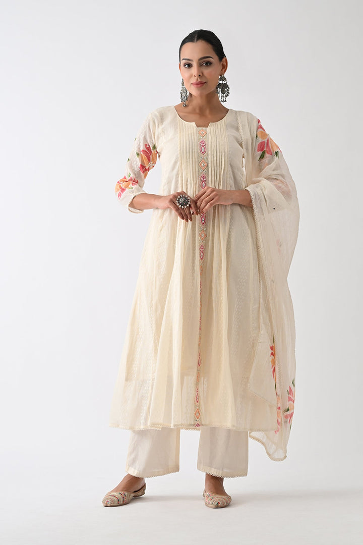Cream Self Design Flared Kurta Set (3 Piece)