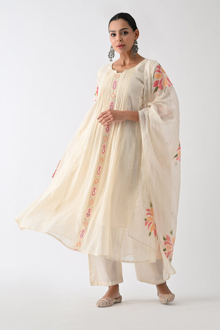 Cream Self Design Flared Kurta Set (3 Piece)