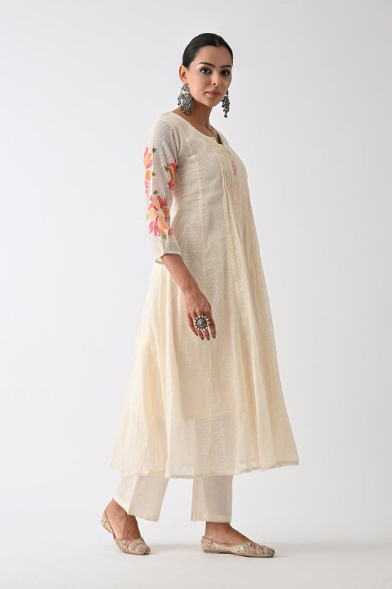 Cream Self Design Flared Kurta 3 Pcs Set