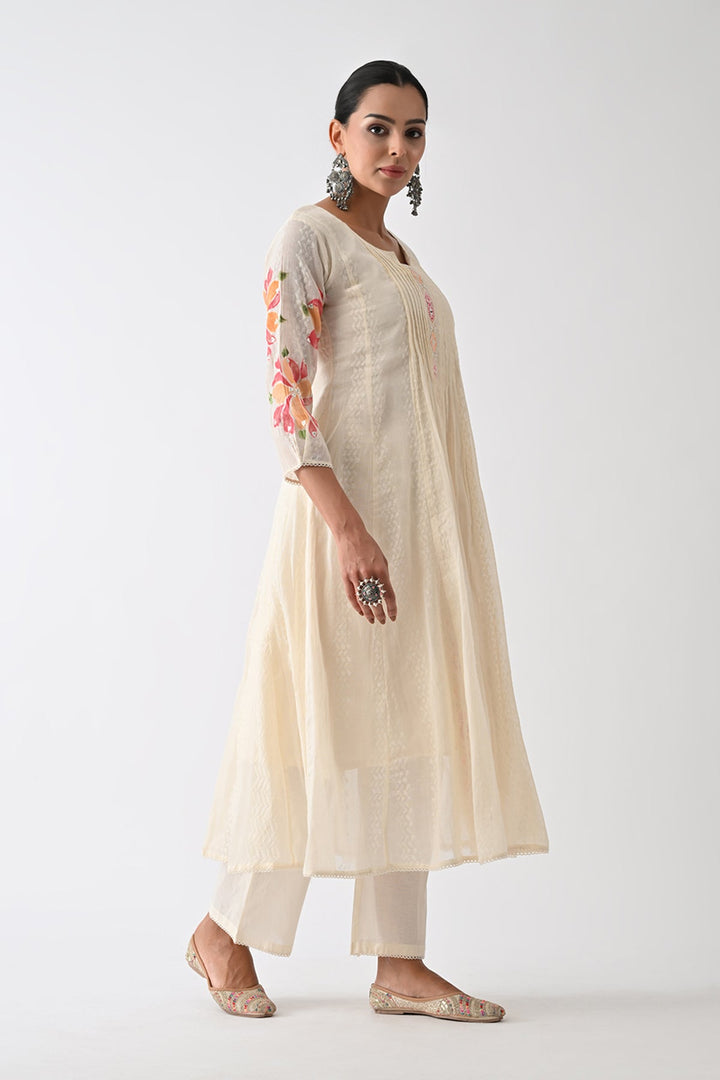 Cream Self Design Flared Kurta Set (3 Piece)