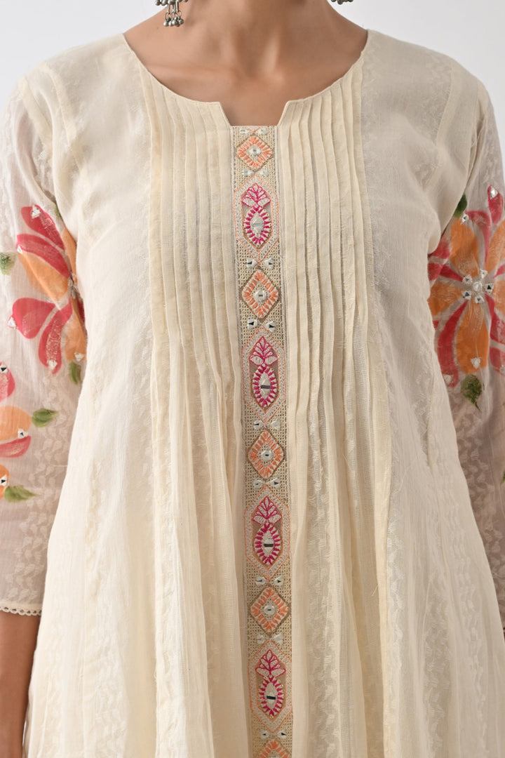 Cream Self Design Flared Kurta Set (3 Piece)