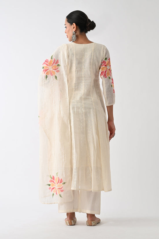 Cream Self Design Flared Kurta 3 Pcs Set
