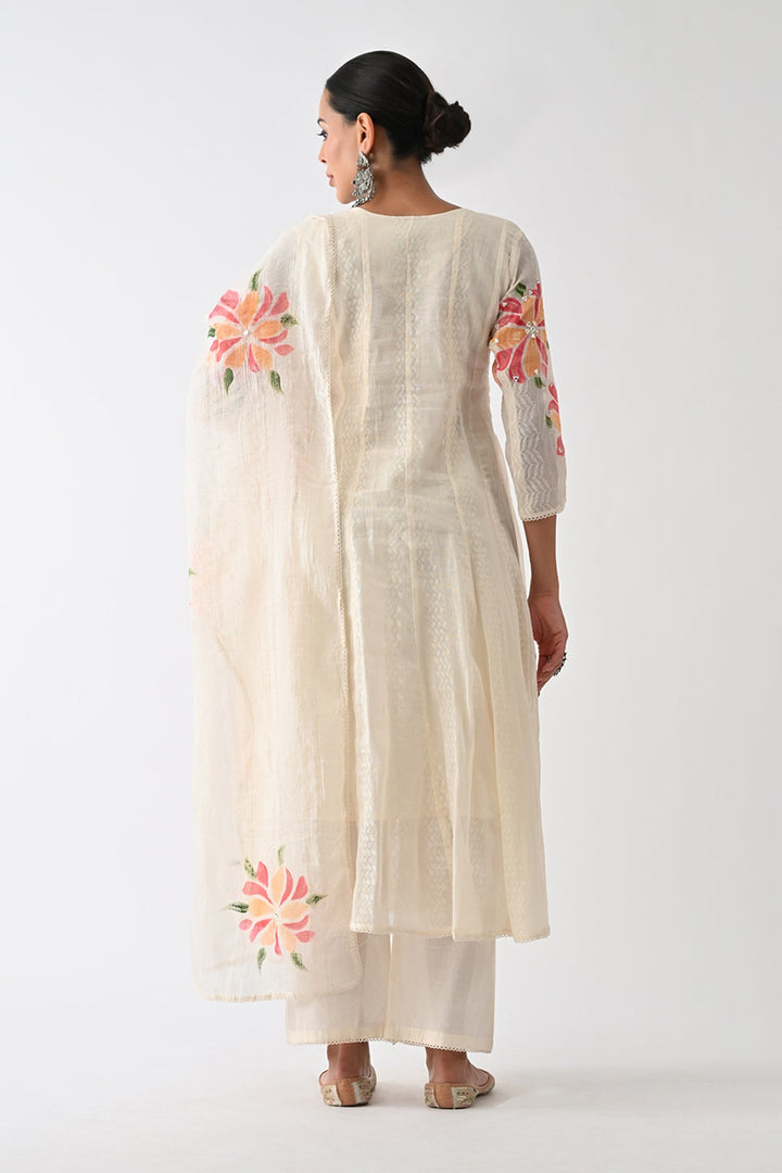 Cream Self Design Flared Kurta Set (3 Piece)