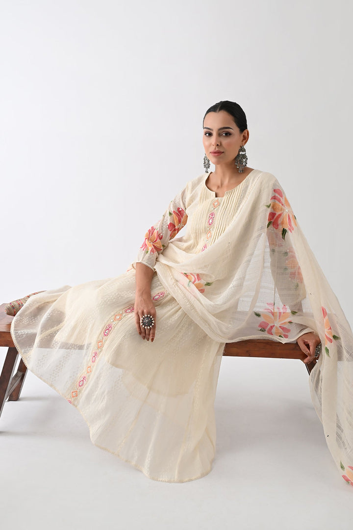 Cream Self Design Flared Kurta Set (3 Piece)