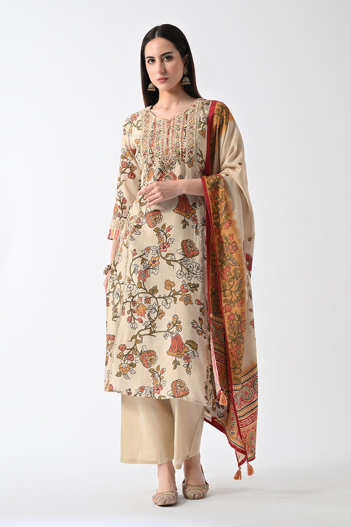 Beige Embellished Kurta 3 Pcs Set