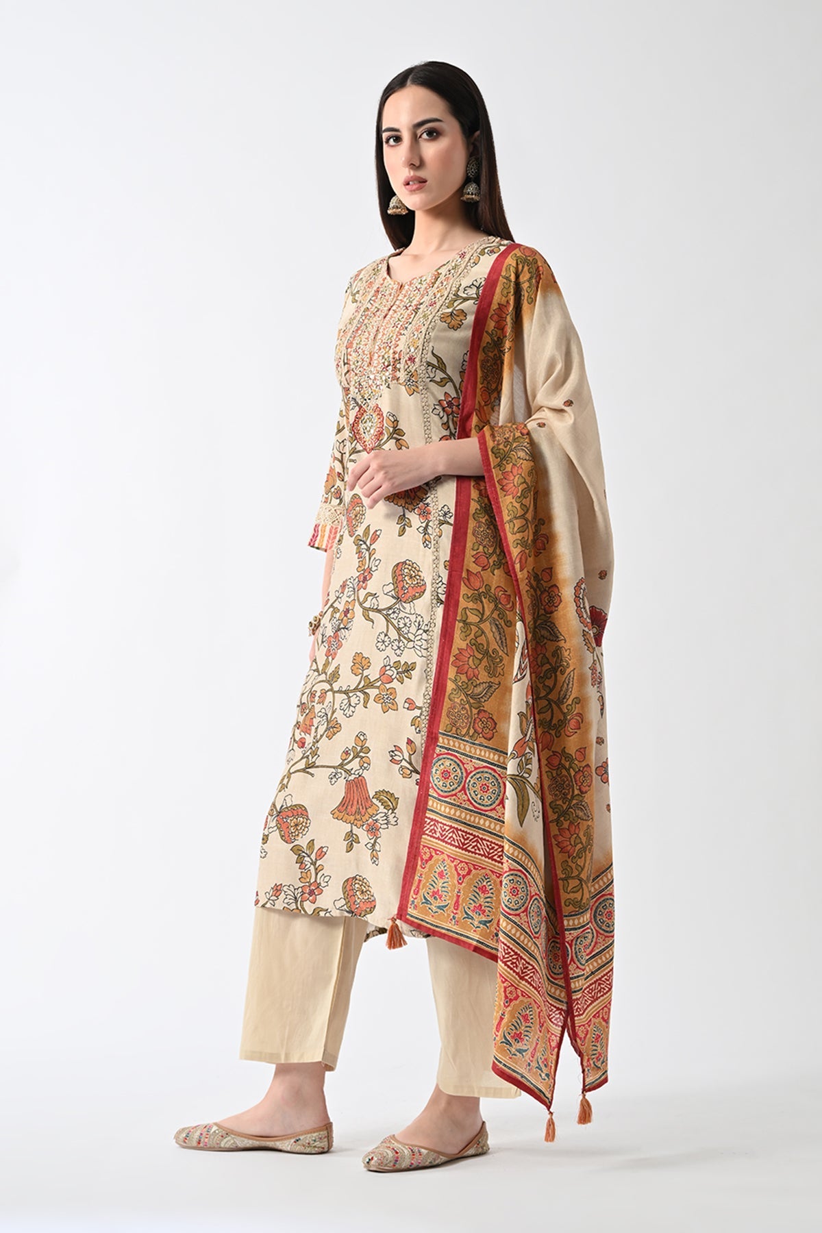 Beige Embellished Kurta 3 Pcs Set