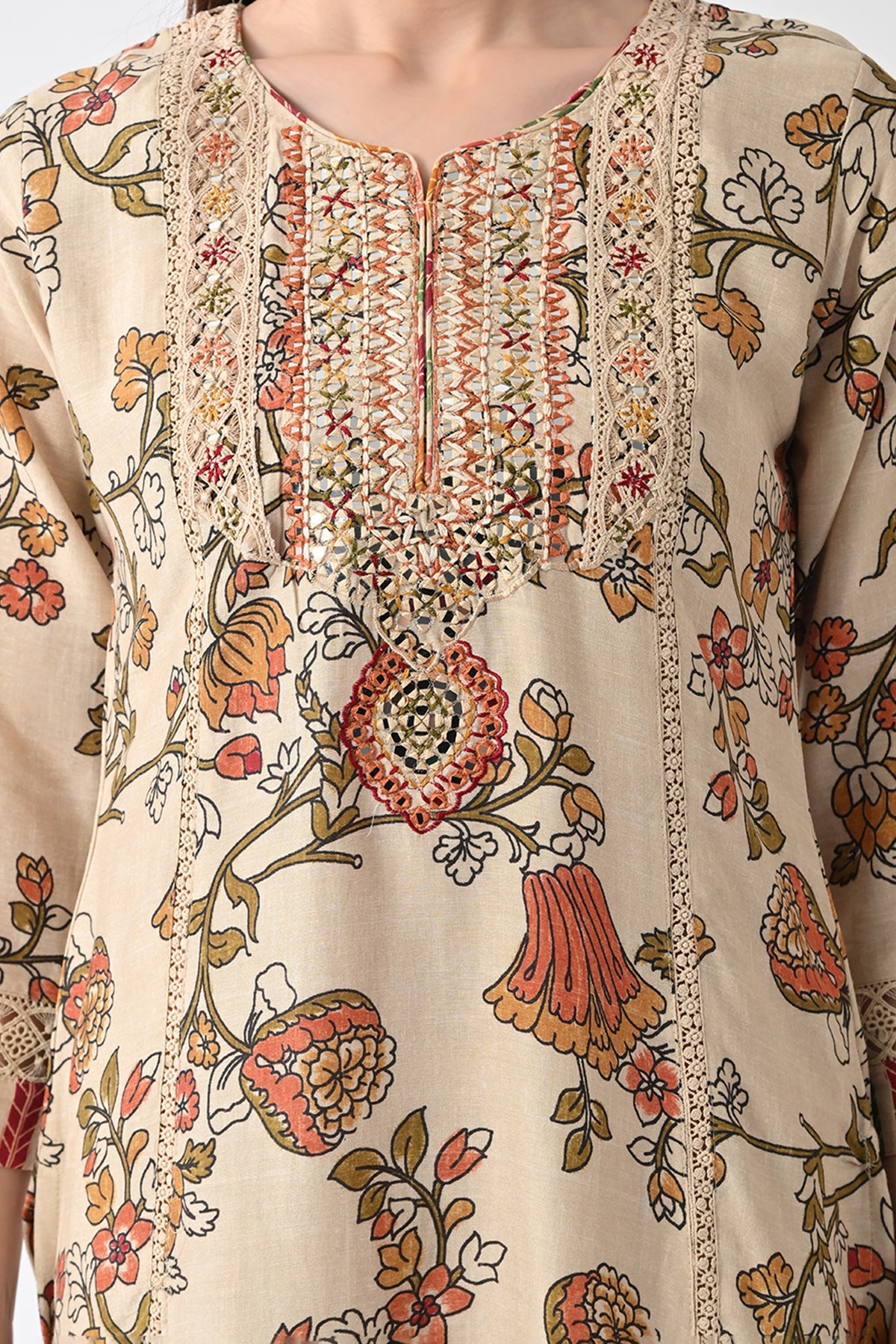 Beige Embellished Kurta 3 Pcs Set
