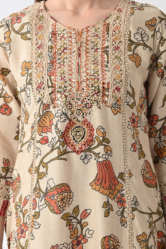 Beige Embellished Kurta Set (3 Piece)