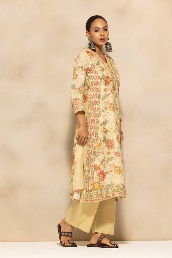 Beige Embellished A-line Kurta 3 Pcs Set