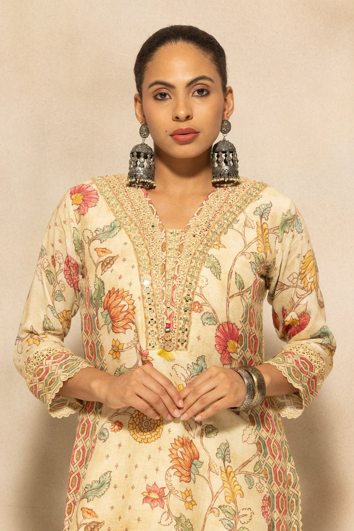 Beige Embellished A-line Kurta 3 Pcs Set