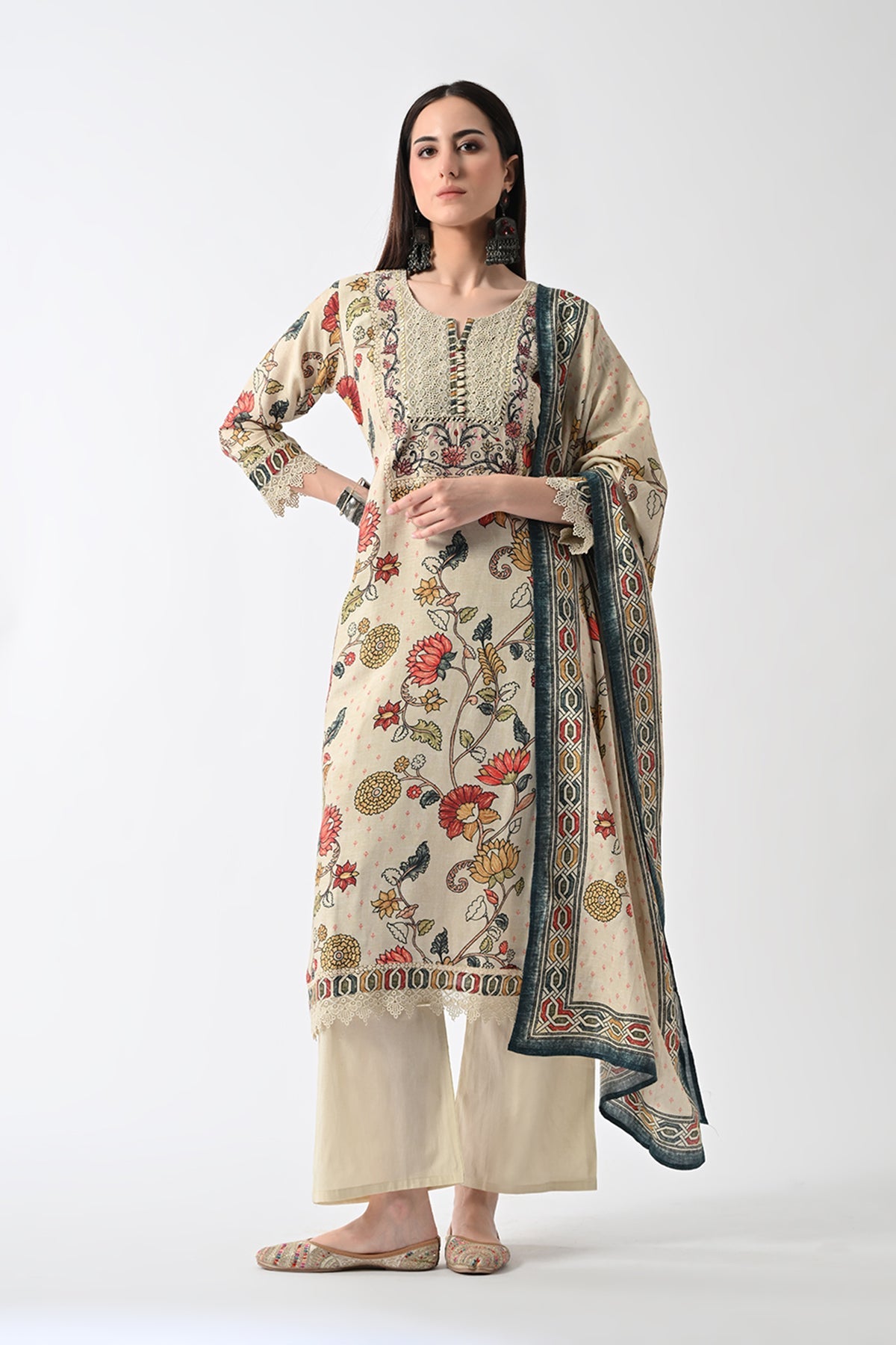 Beige Embellished Kurta 3 Pcs Set