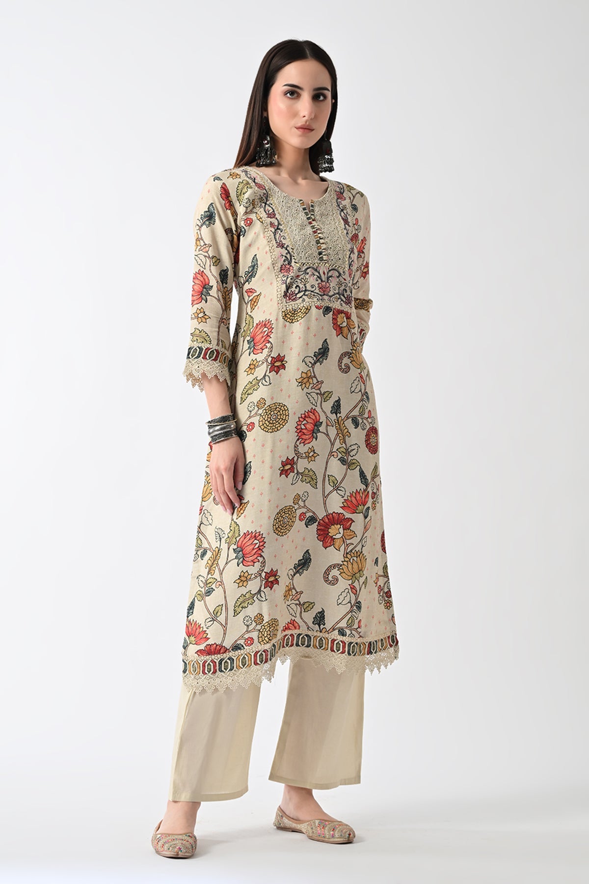 Beige Embellished Kurta 3 Pcs Set