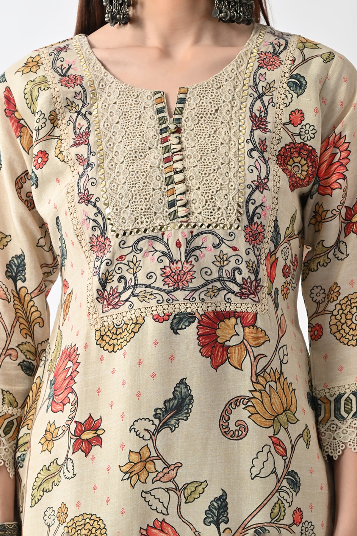 Beige Embellished Kurta 3 Pcs Set