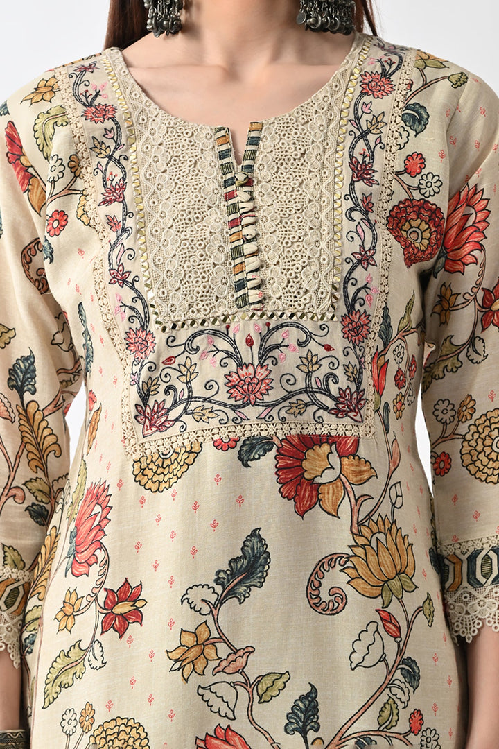Beige Embellished Kurta Set (3 Piece)