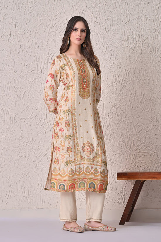 Beige Embellished Kurta 3 Pcs Set