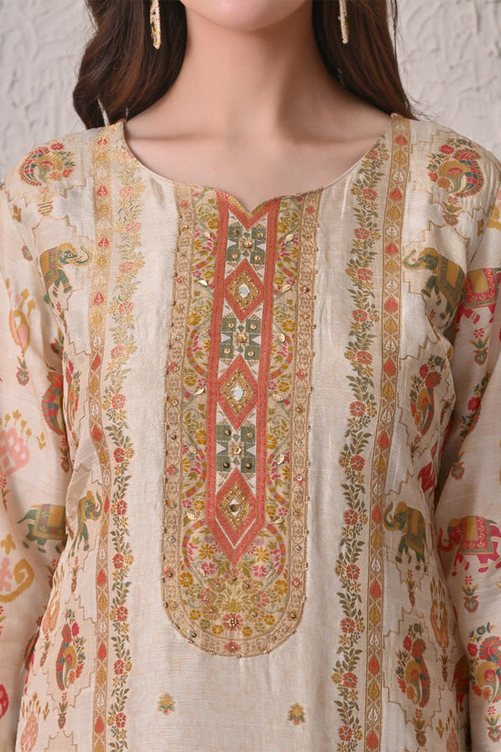 Beige Embellished Kurta 3 Pcs Set