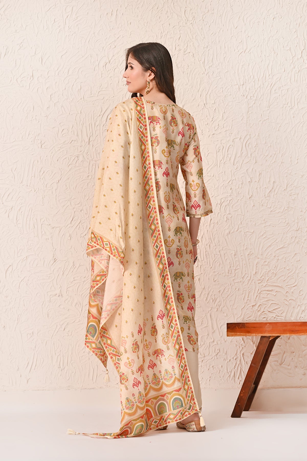 Beige Embellished Kurta 3 Pcs Set