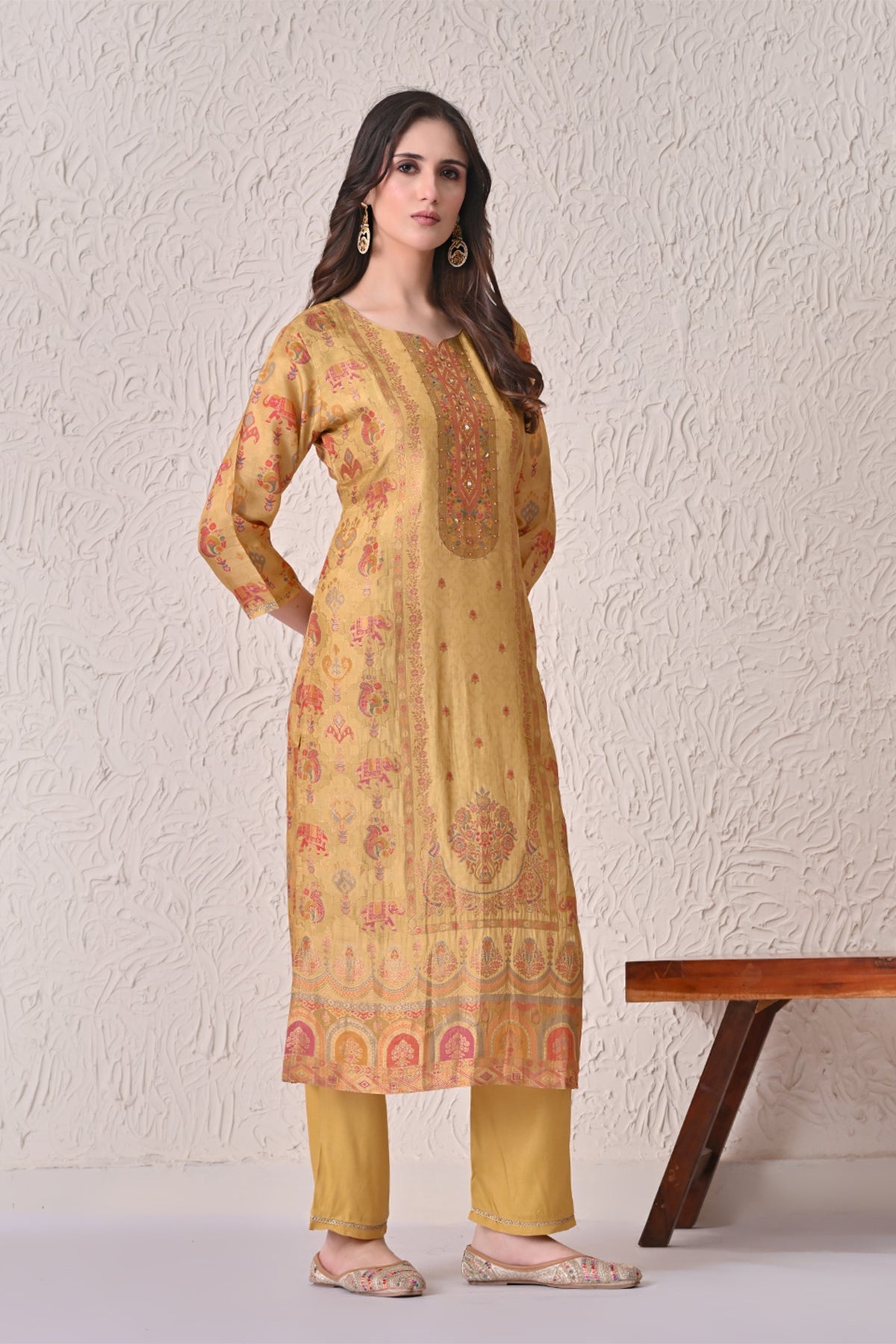 Mustard Embellished Kurta 3 Pcs Set