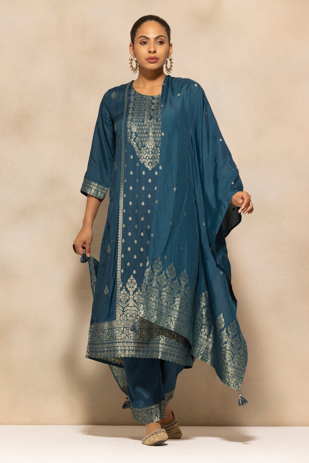 Teal Self-Design Kurta 3 Pcs Set