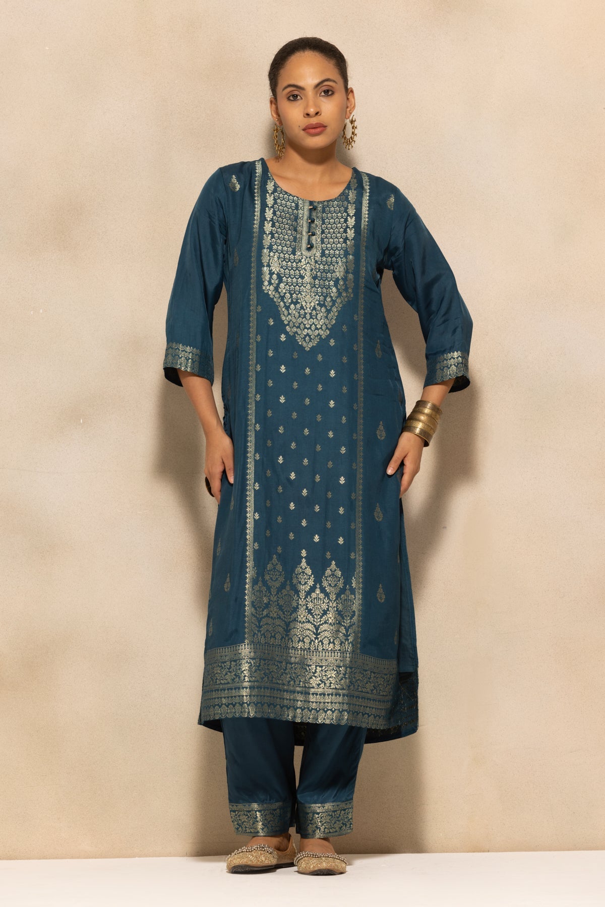 Teal Self-Design Kurta 3 Pcs Set