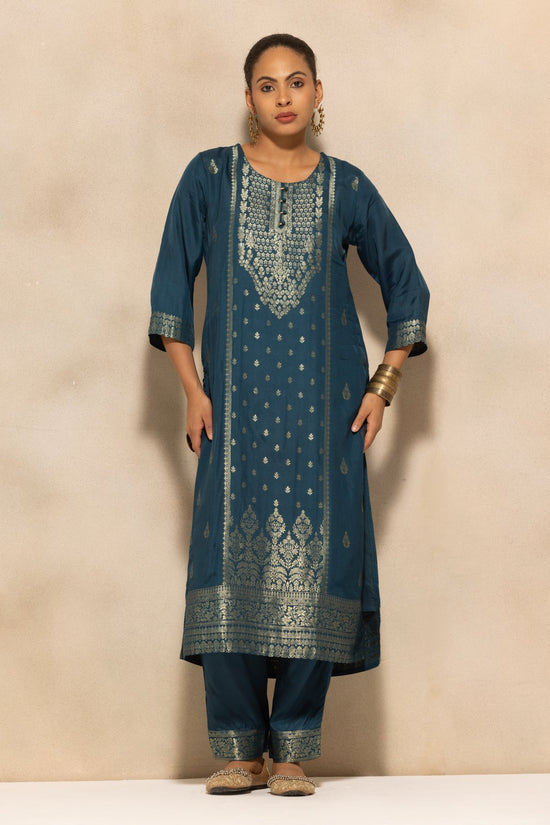 Teal Self-Design Kurta 3 Pcs Set
