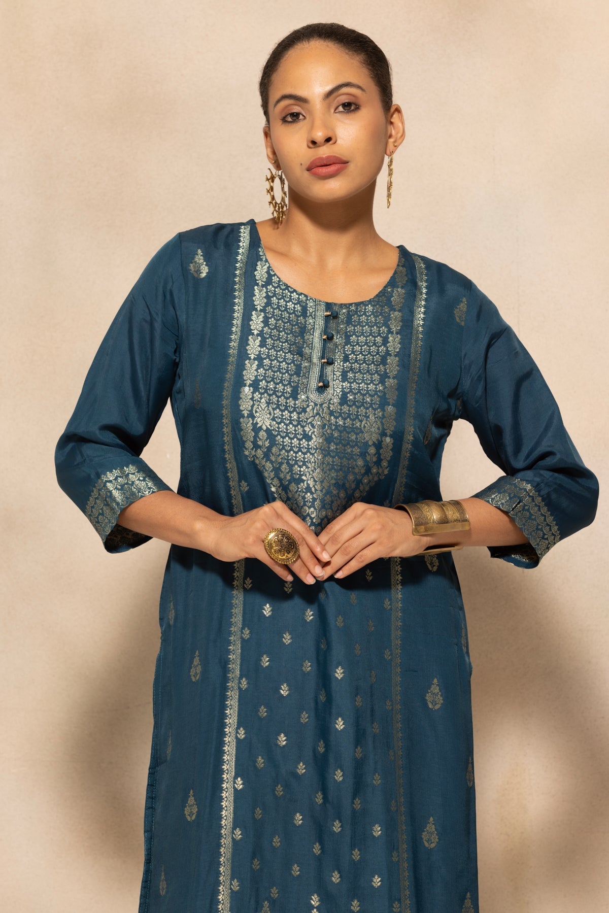 Teal Self-Design Kurta 3 Pcs Set