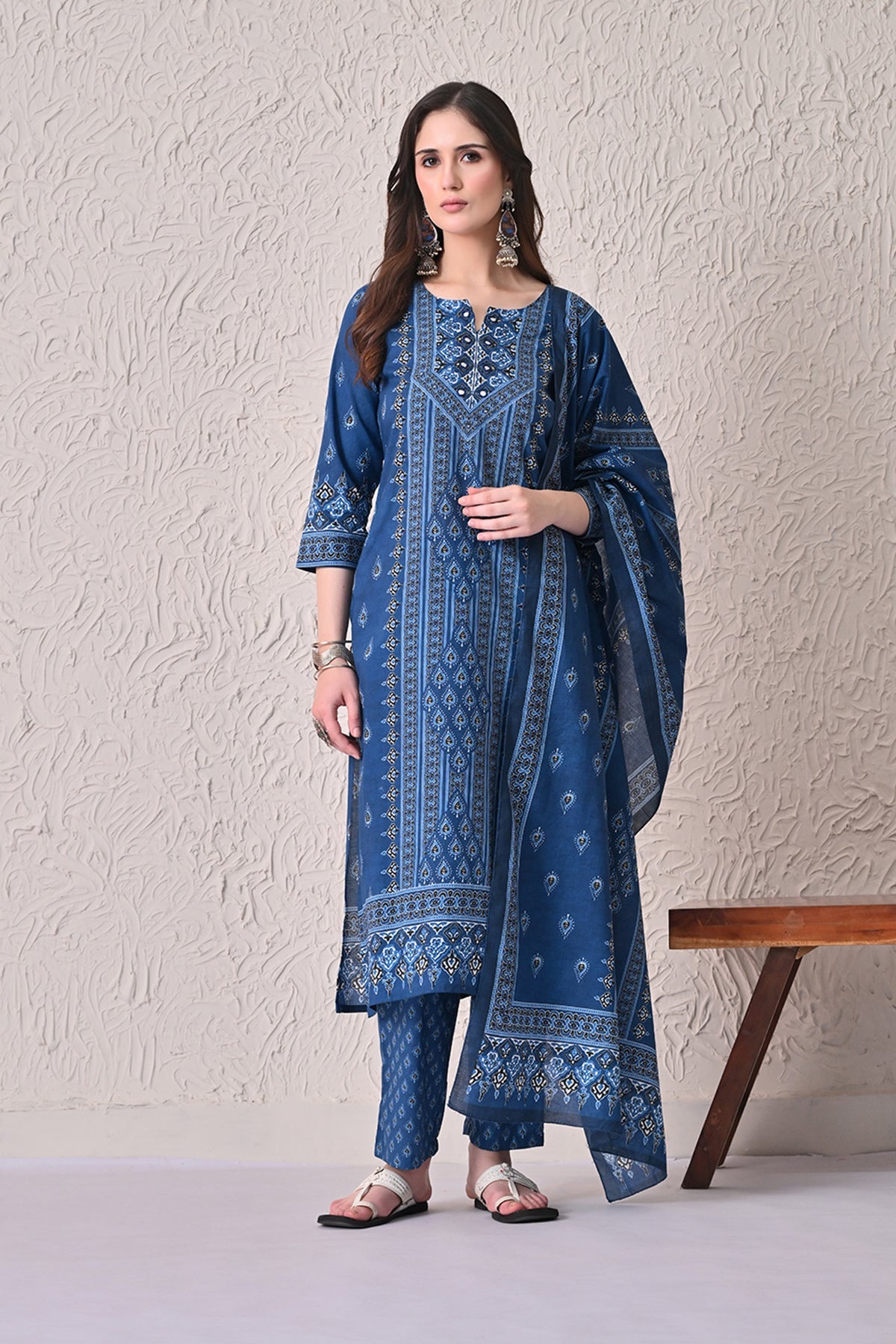 Navy Blue Printed Kurta 3 Pcs Set