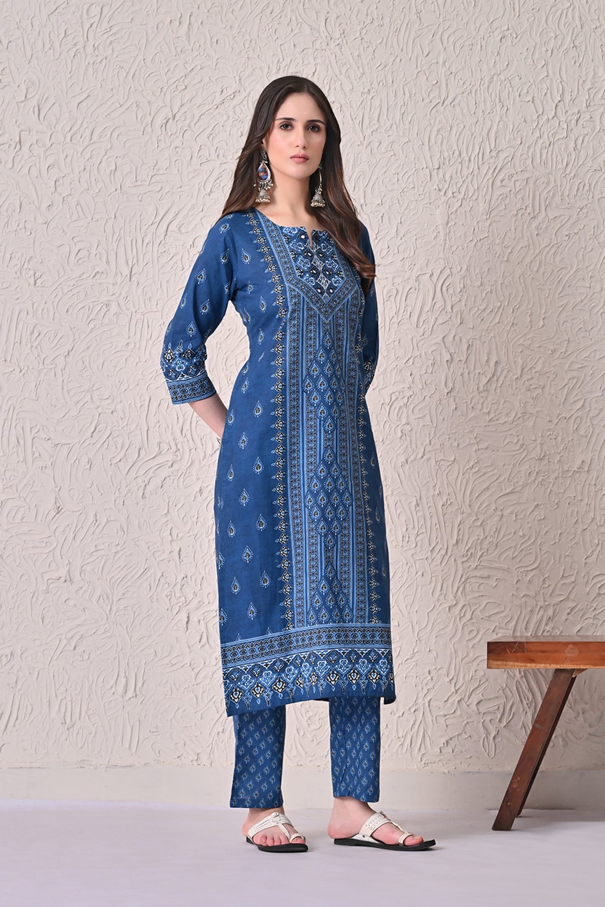 Navy Blue Printed Kurta 3 Pcs Set