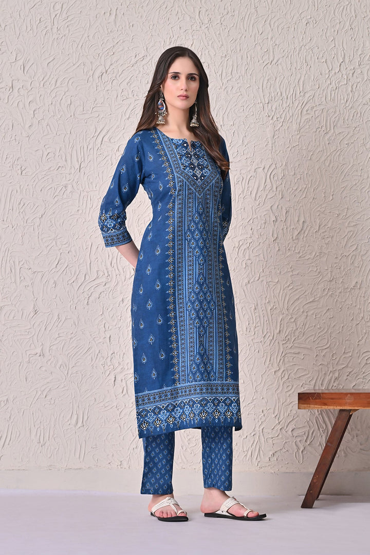 Navy Blue Printed Kurta 3 Pcs Set