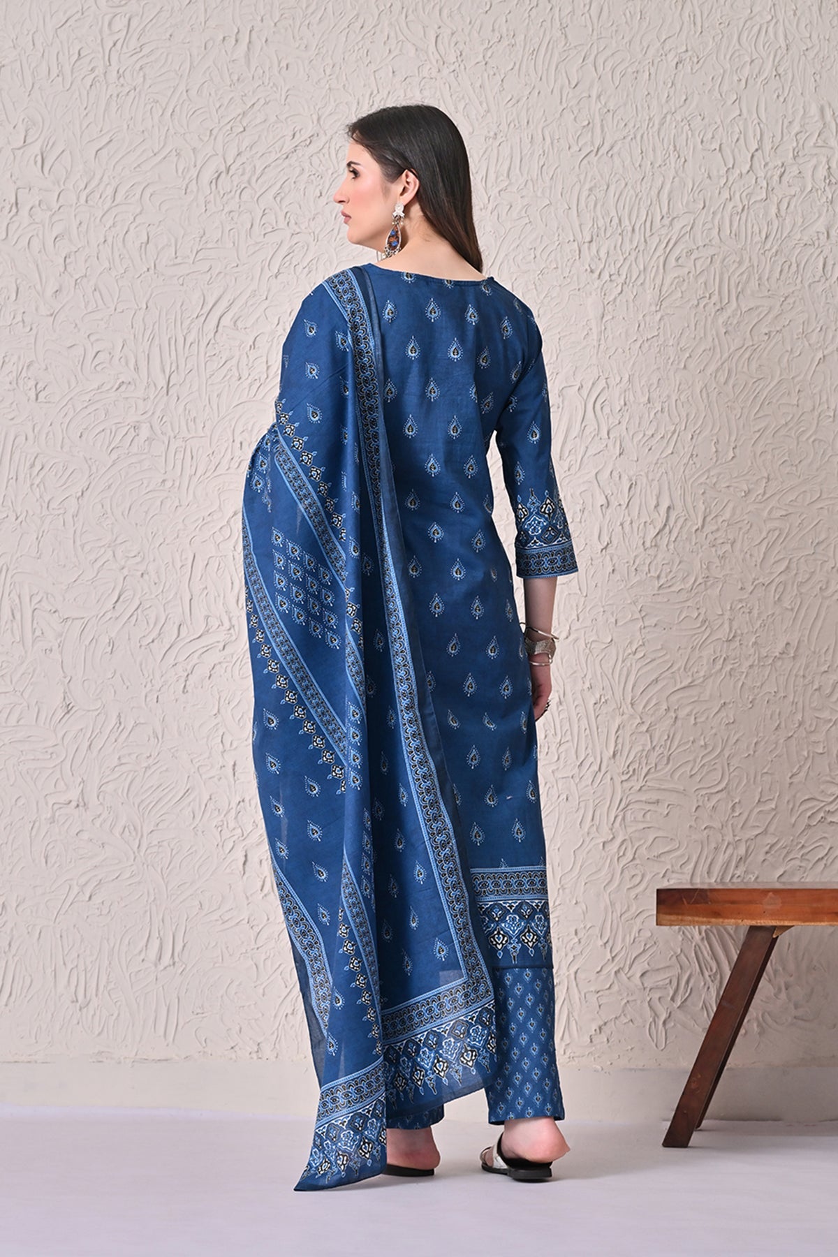 Navy Blue Printed Kurta 3 Pcs Set
