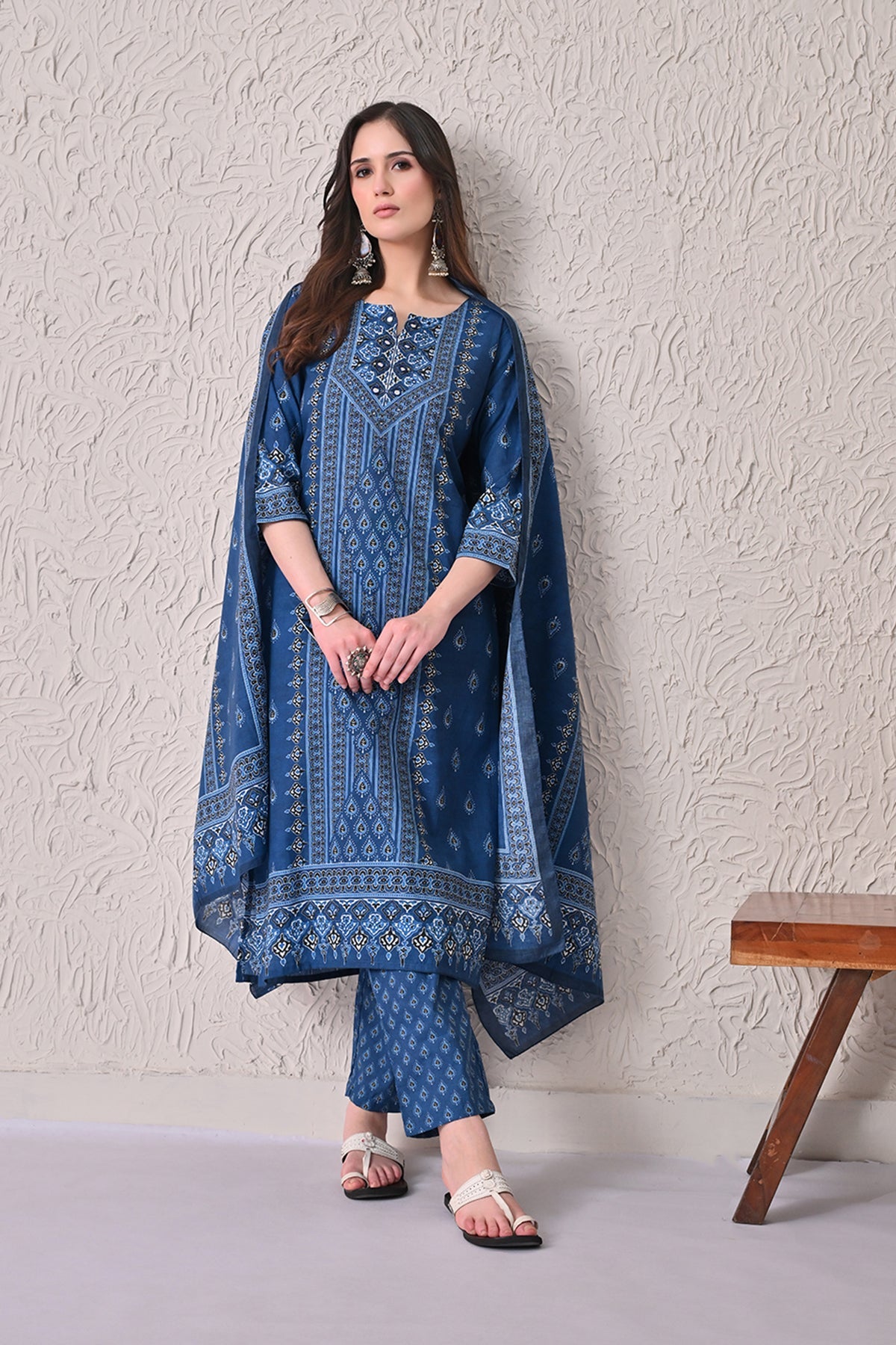 Navy Blue Printed Kurta 3 Pcs Set