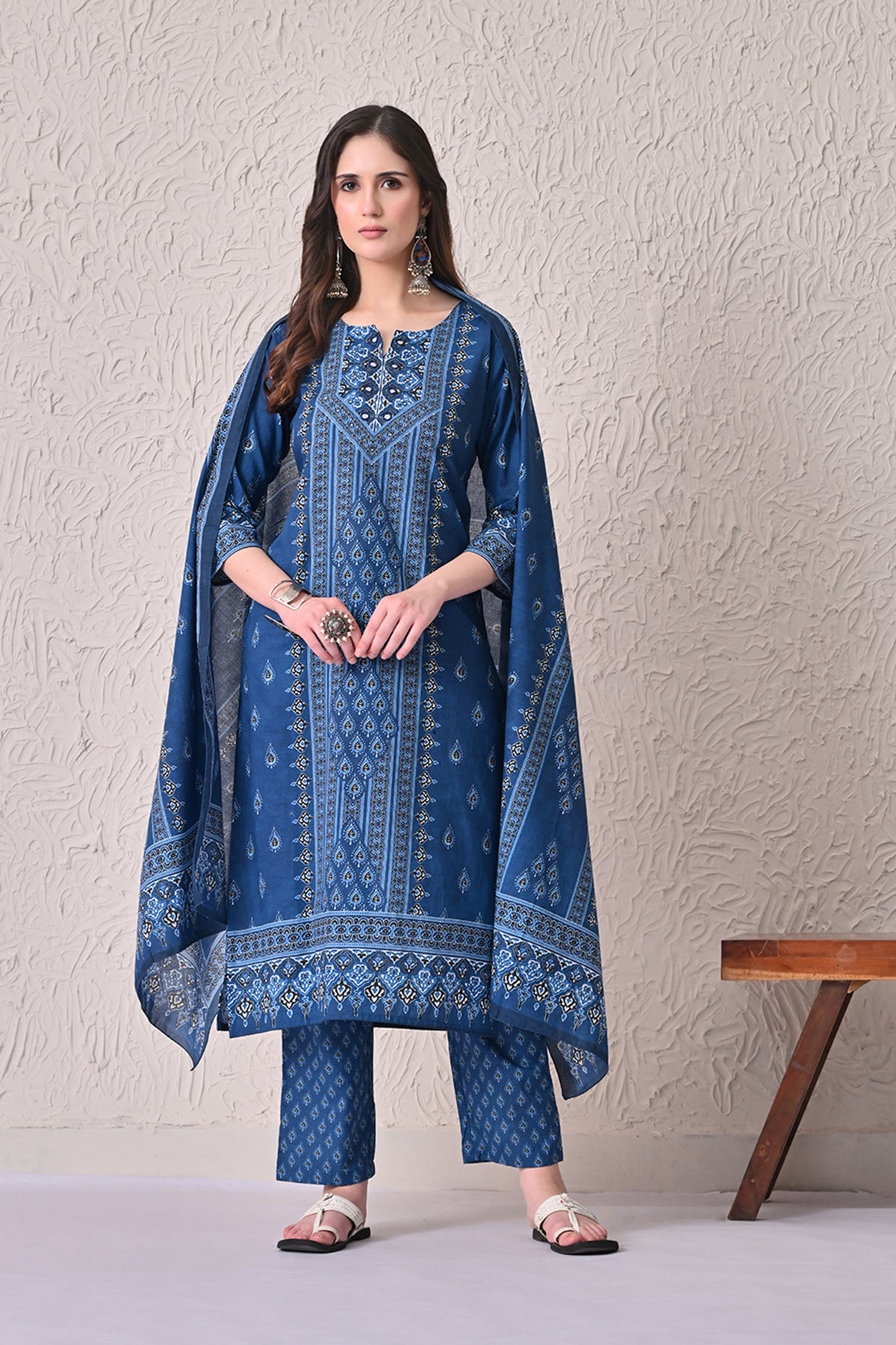 Navy Blue Printed Kurta 3 Pcs Set