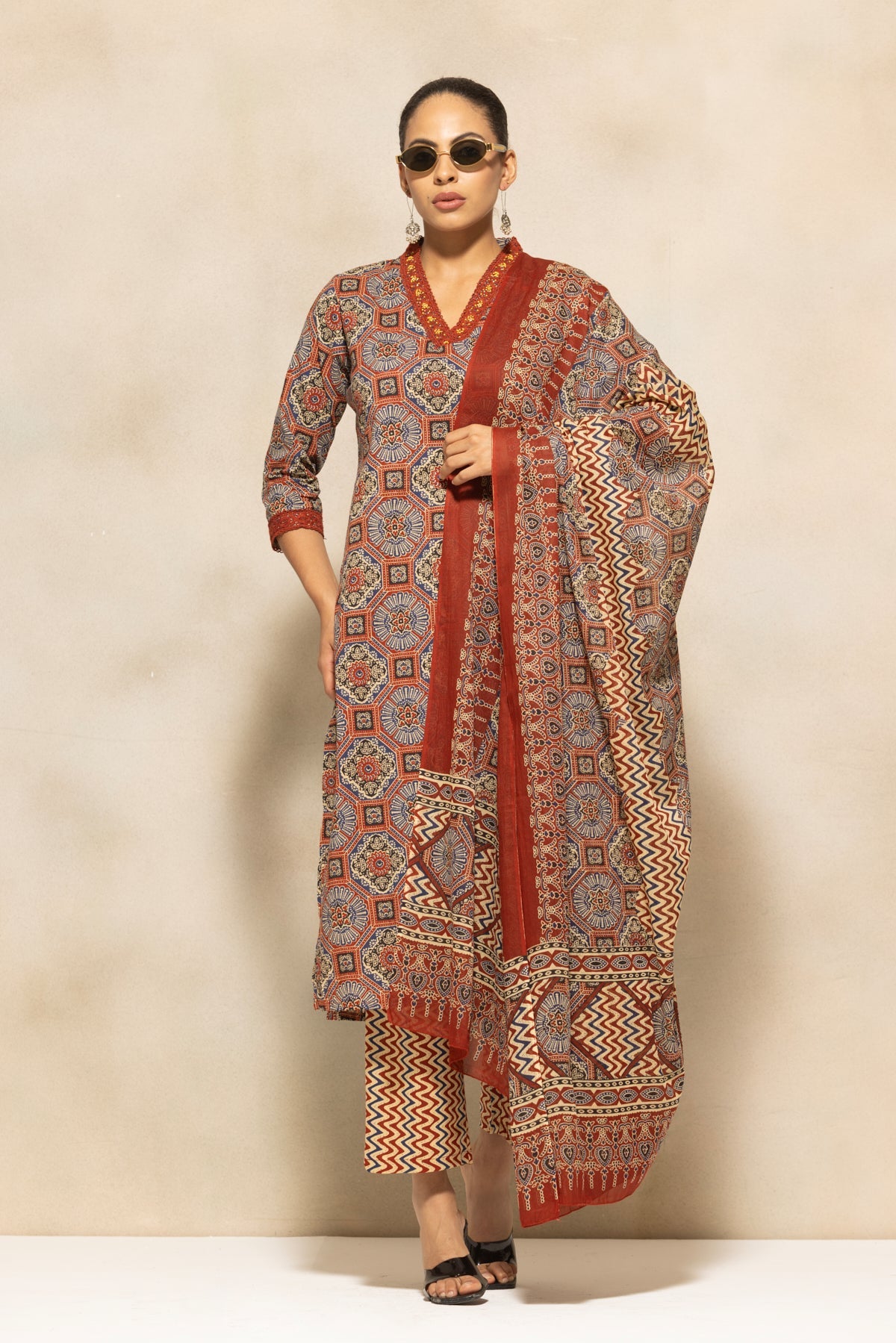 Rust Printed Kurta 3 Pcs Set
