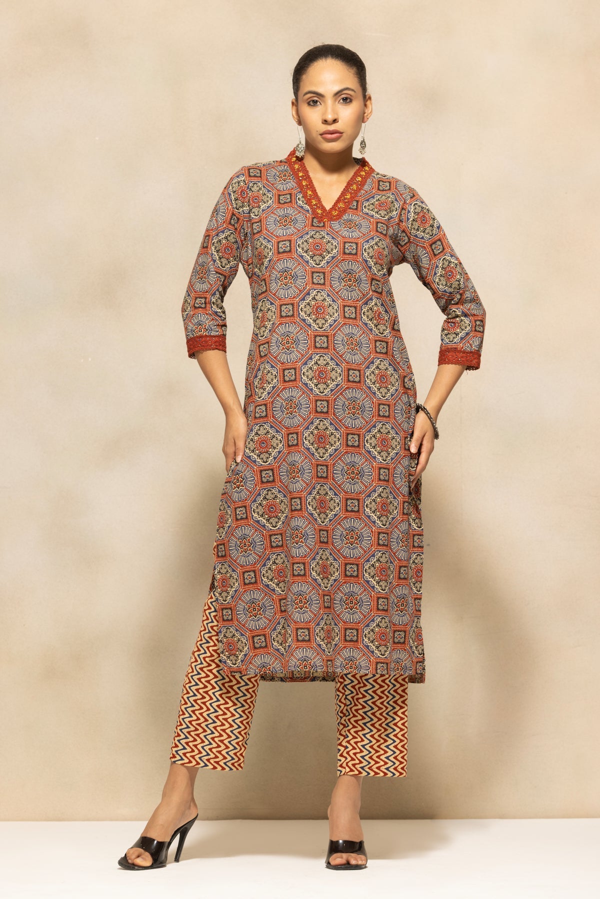 Rust Printed Kurta 3 Pcs Set