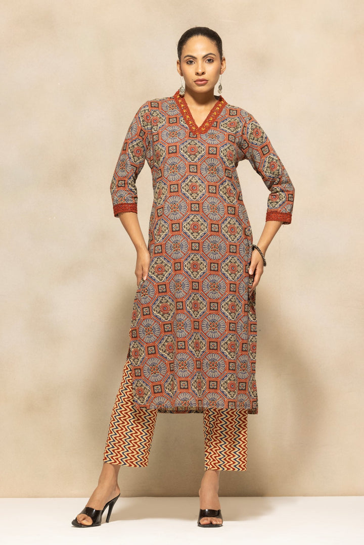 Rust Printed Kurta 3 Pcs Set