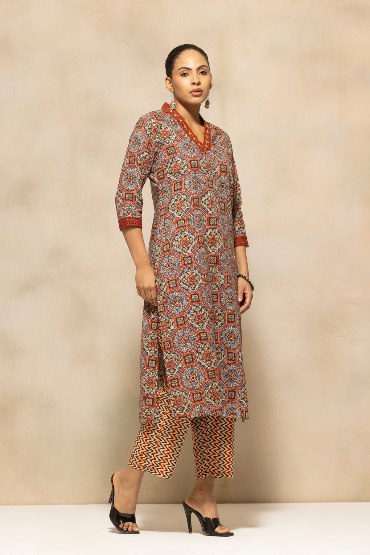 Rust Printed Kurta 3 Pcs Set